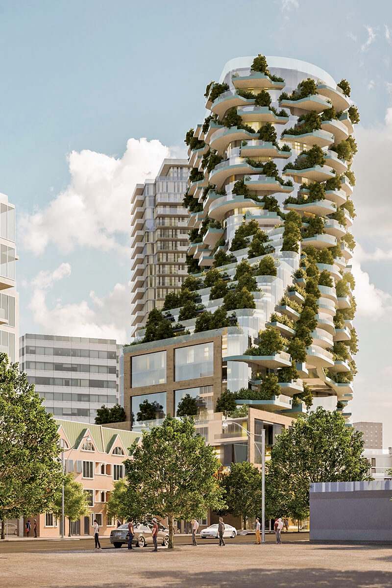 concept of a tall building with trees on balconies